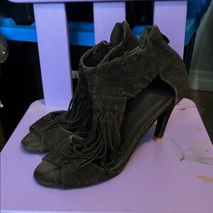 Black Fringe Peep-Toe High Heel Booties - Women's